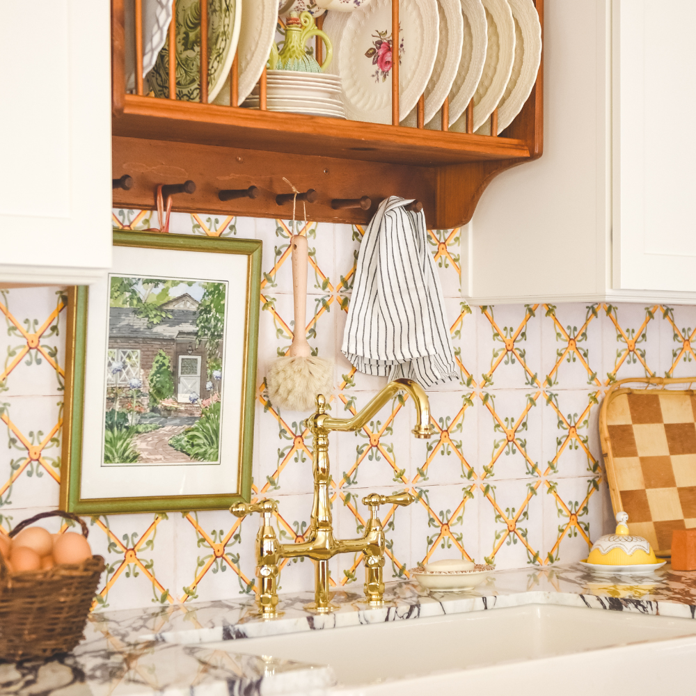 Kitchen with faux tile design wallpaper.